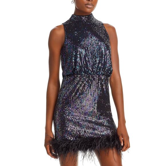Eliza J Sequined Feather Hem Mini Dress Party Glam Mockneck Sleeveless US 6 NWT - Picture 2 of 13